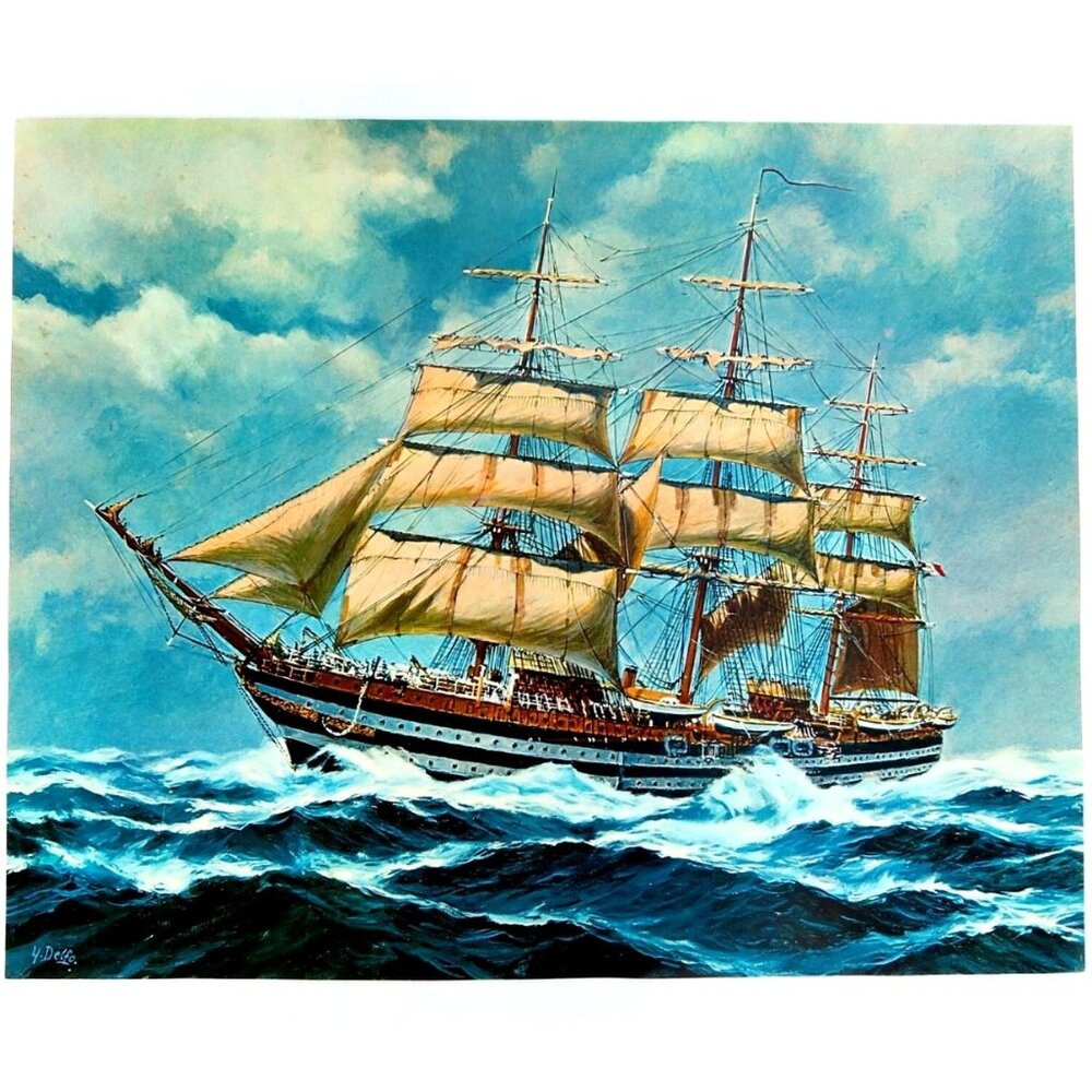 Schooner at Sea – Vintage Maritime Lithograph After Yves Delfo (c. Mid-Century)